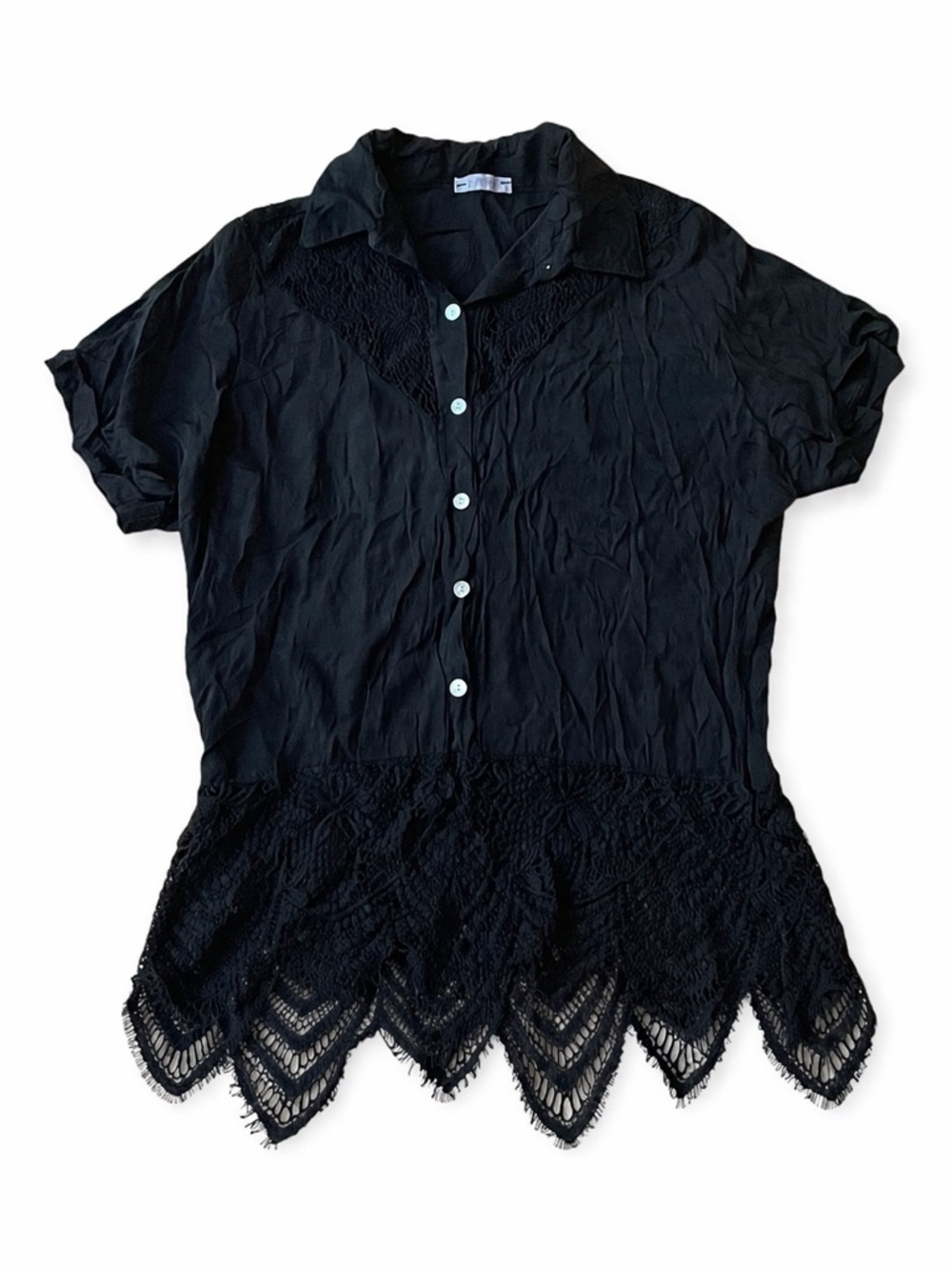 Made in Italy Black Satin Feel Lace Hem Button Front Blouse Top Boho Chic Sz M/L